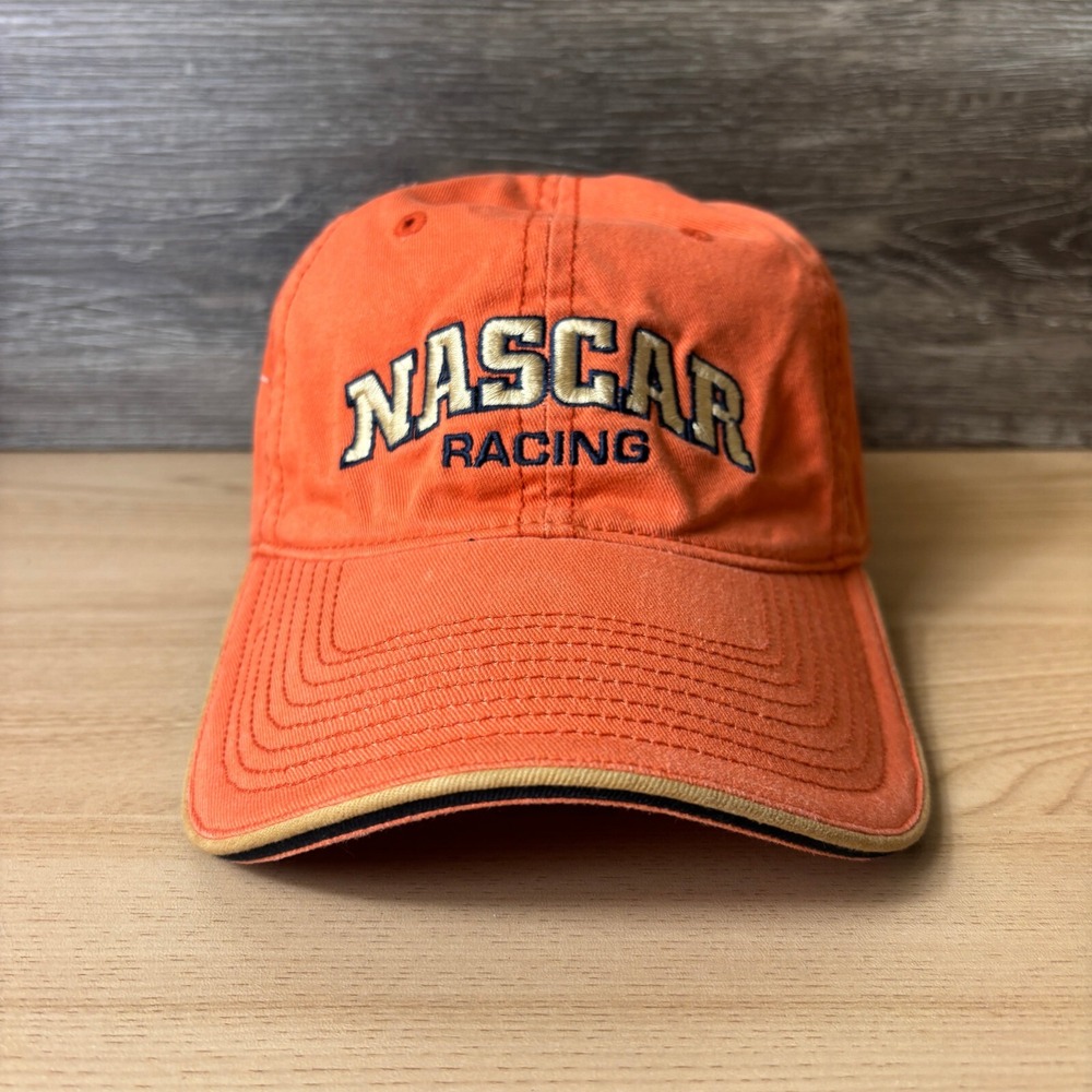 Vintage Nascar Hat Cap Strap Back Orange Racing Race Car Adjustable
